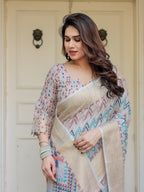 Beige Multicolour Tribal Printed Handloom Cotton Saree with Woven Zari Border & Ethnic Pallu