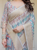 Beige Multicolour Tribal Printed Handloom Cotton Saree with Woven Zari Border & Ethnic Pallu