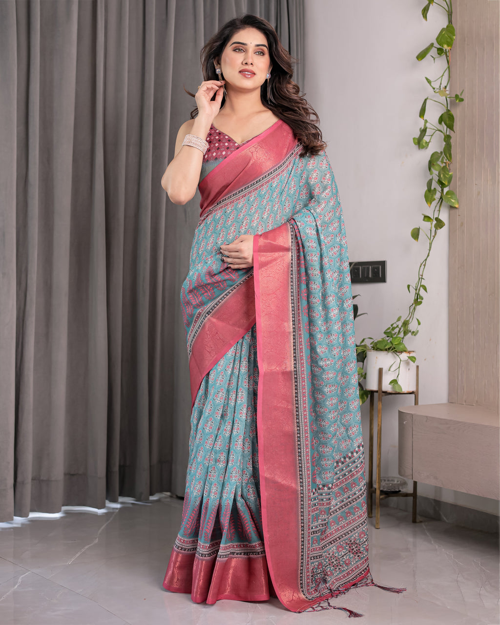 Teal Blue & Rani Pink Handloom Linen Saree with Ethnic Floral Print, Zari Border & Rich Pallu | Tassel Finish | 5.5m Saree + 0.8m Blouse