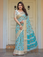 Turquoise Blue Handloom Cotton Printed Saree with Zari Border & Tassel Detailing – Traditional Ethnic Wear