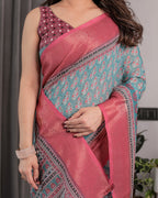 Teal Blue & Rani Pink Handloom Linen Saree with Ethnic Floral Print, Zari Border & Rich Pallu | Tassel Finish | 5.5m Saree + 0.8m Blouse