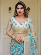 Turquoise Blue Handloom Cotton Printed Saree with Zari Border & Tassel Detailing – Traditional Ethnic Wear