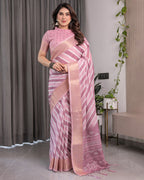 Dusty Pink Linen Handloom Saree with White Geometric Stripes & Tribal Pattern Pallu | Zari Border | 5.5m Saree + 0.8m Blouse with Tassels