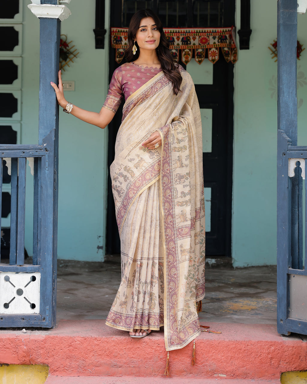 Beige Mauve Handloom Cotton Saree with Subtle Ramayan Print and Heritage Motif Pallu