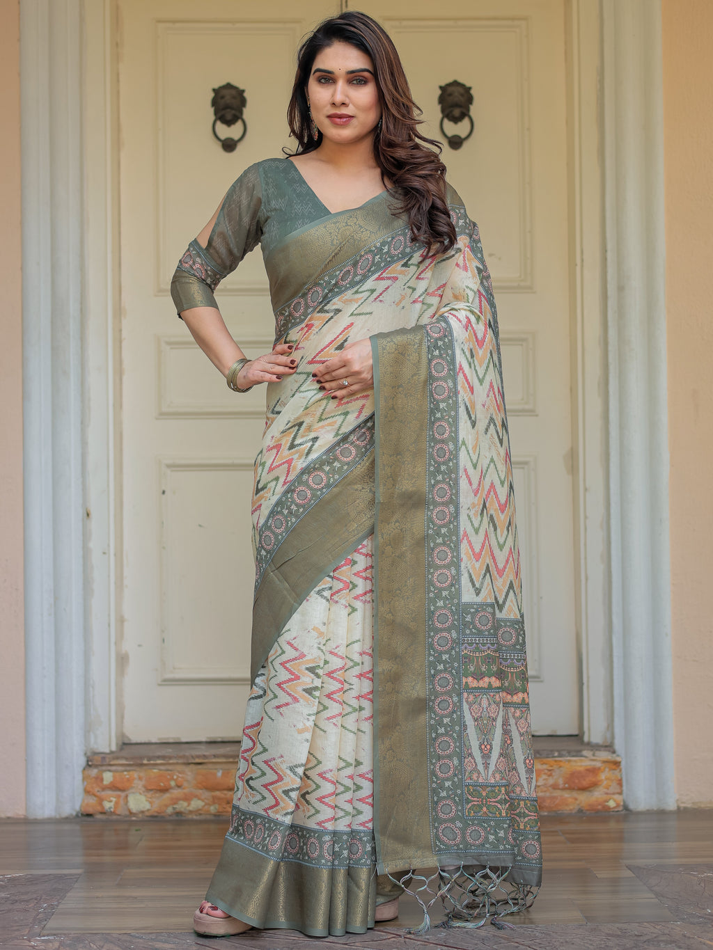 Olive Green Ikat & Ethnic Printed Handloom Cotton Saree with Rich Zari Border & Traditional Pallu