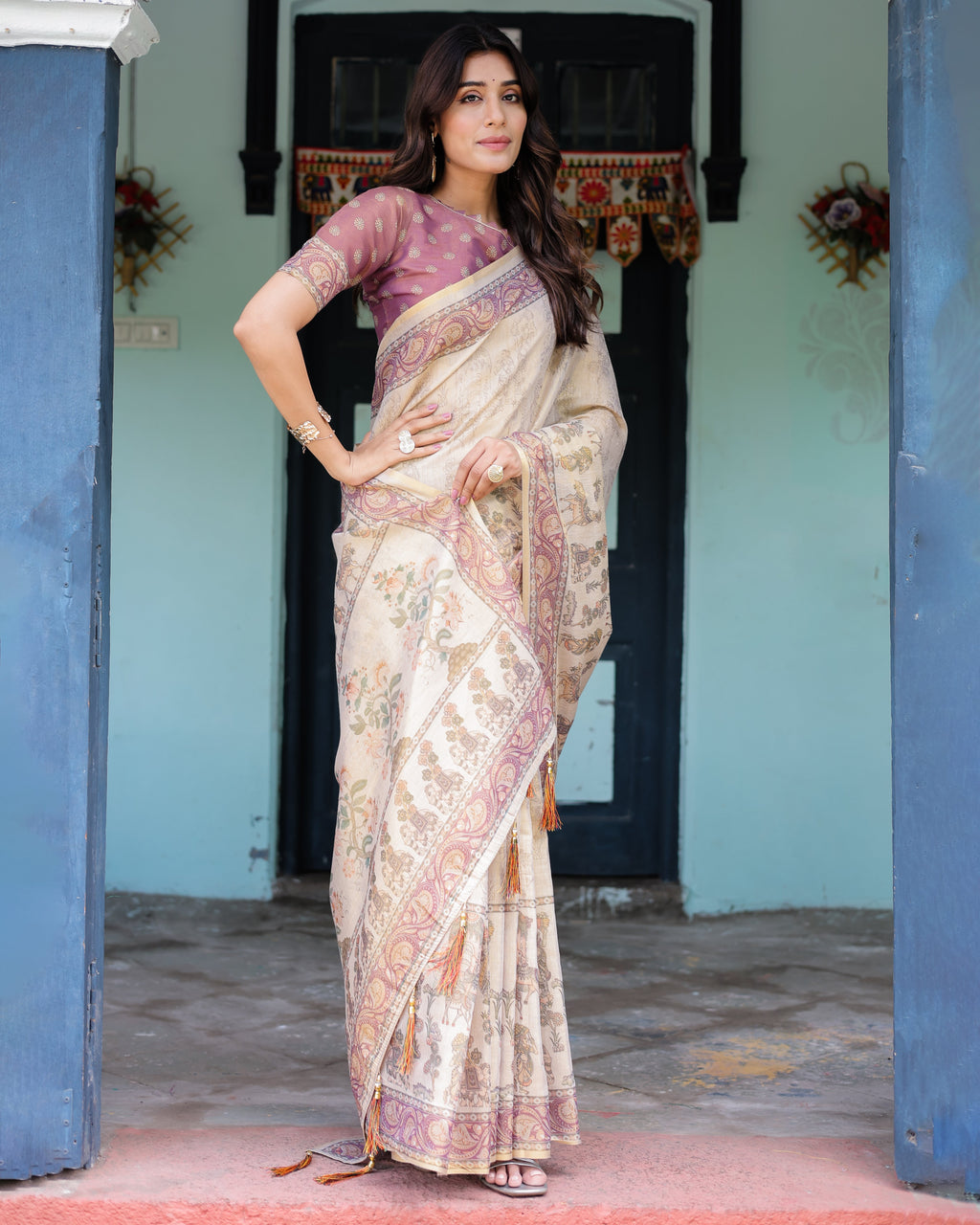 Beige Mauve Handloom Cotton Saree with Subtle Ramayan Print and Heritage Motif Pallu