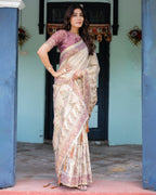 Beige Mauve Handloom Cotton Saree with Subtle Ramayan Print and Heritage Motif Pallu