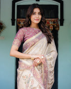 Beige Mauve Handloom Cotton Saree with Subtle Ramayan Print and Heritage Motif Pallu