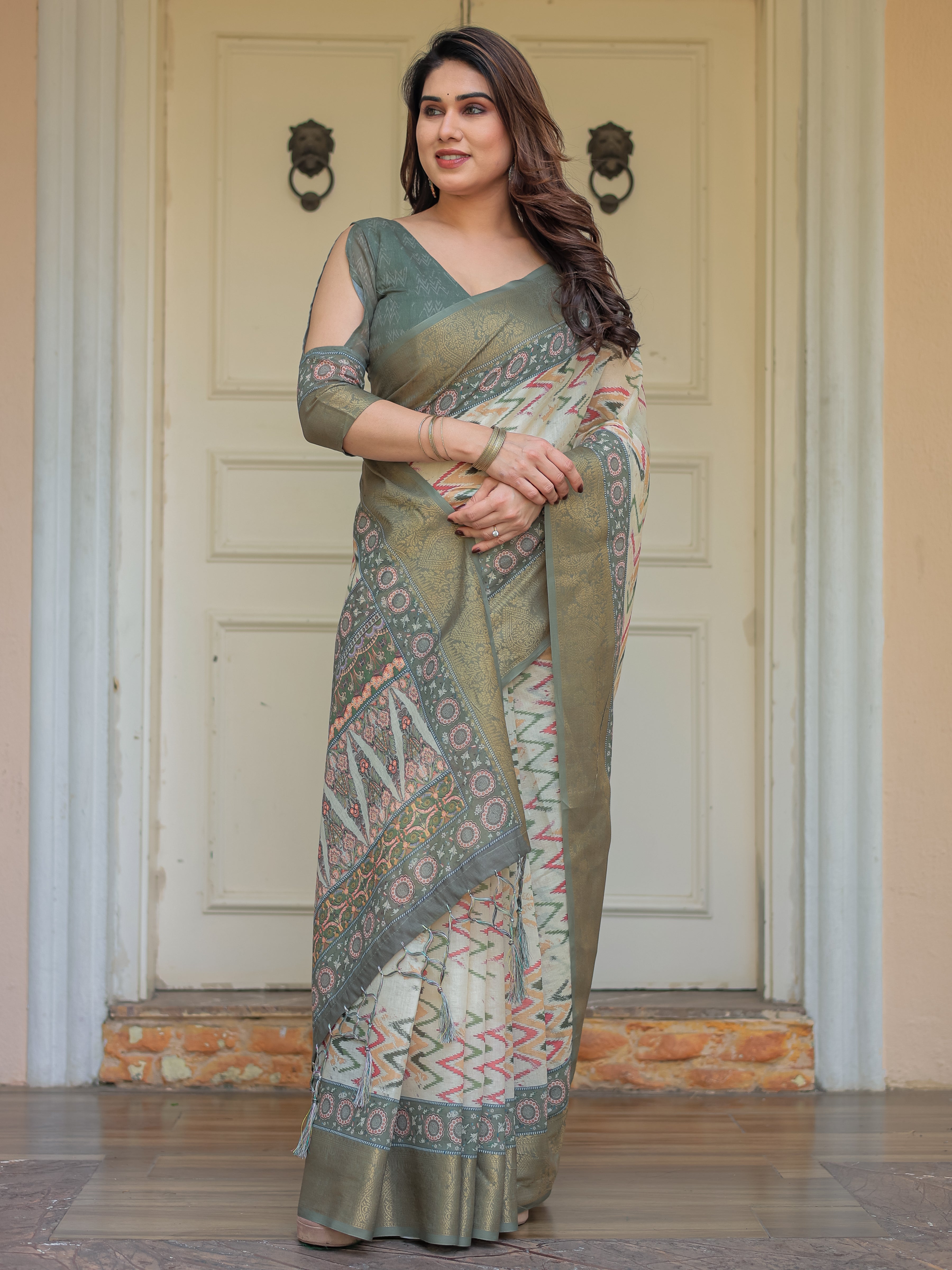 Olive Green Ikat & Ethnic Printed Handloom Cotton Saree with Rich Zari Border & Traditional Pallu