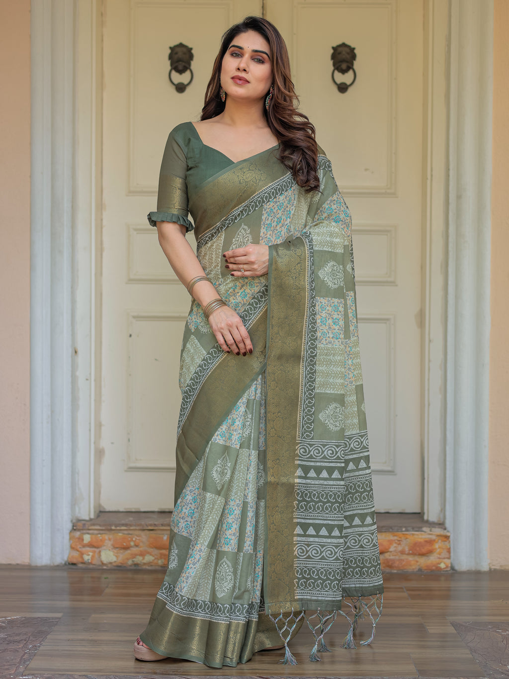 Sage Green Traditional Printed Handloom Cotton Saree with Rich Zari Border & Heritage Pallu