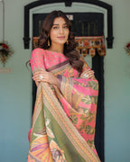 Coral Pink Handloom Cotton Saree with Traditional Folk Procession Print & Classical Dance Pallu
