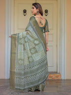 Sage Green Traditional Printed Handloom Cotton Saree with Rich Zari Border & Heritage Pallu