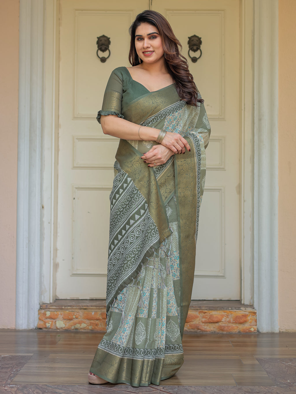 Sage Green Traditional Printed Handloom Cotton Saree with Rich Zari Border & Heritage Pallu