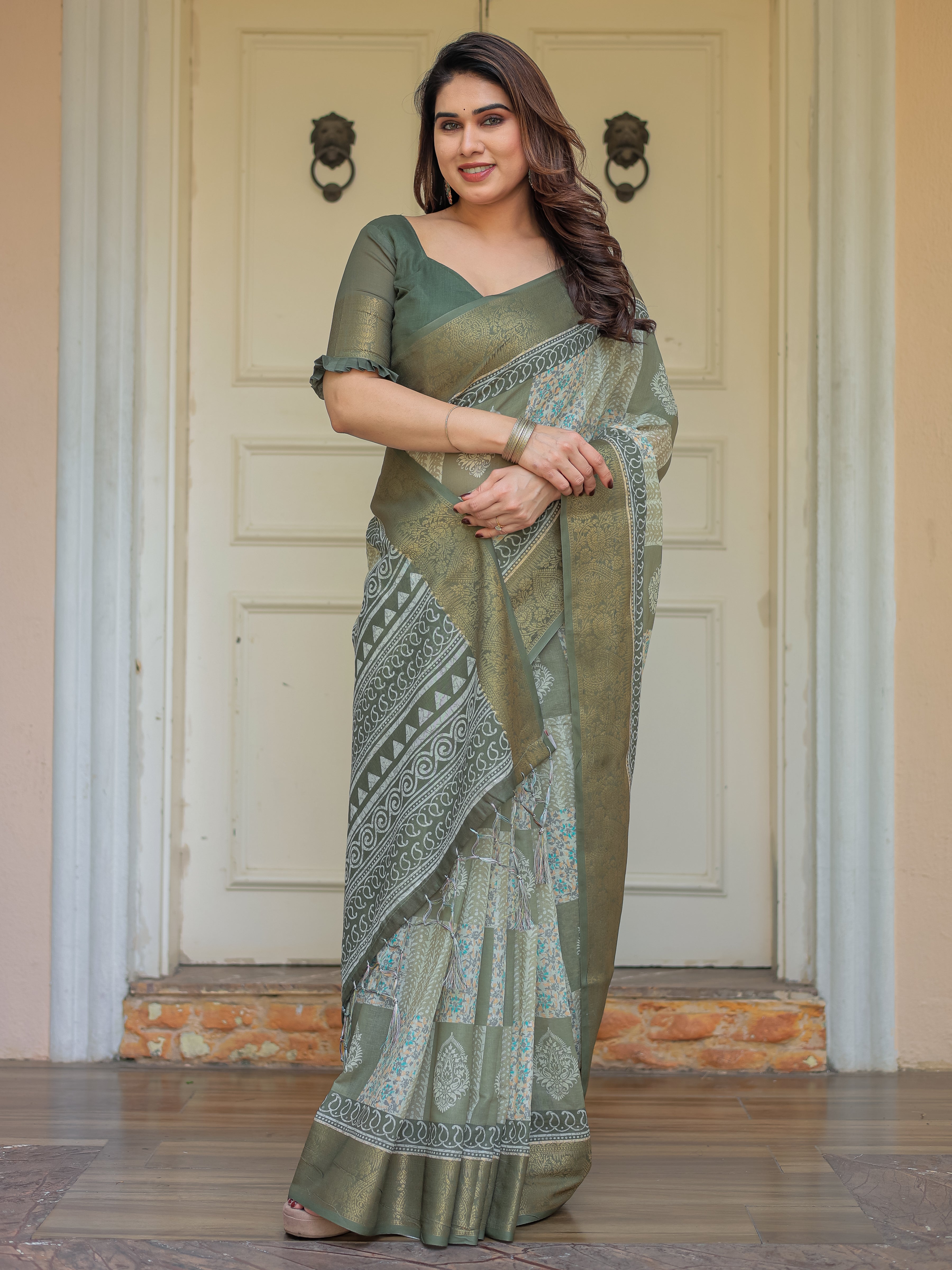 Sage Green Traditional Printed Handloom Cotton Saree with Rich Zari Border & Heritage Pallu