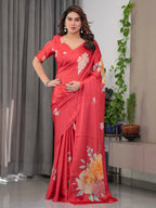 Coral Red Satin Georgette Floral Printed Saree with Attached Blouse – Elegant Designer Saree for Festive & Party Wear