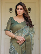 Sage Green Traditional Printed Handloom Cotton Saree with Rich Zari Border & Heritage Pallu