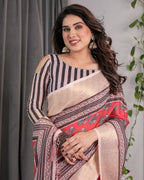 Rust Red Handloom Cotton Linen Saree with Black Floral Buti Print & Zari Border | Ethnic Striped Blouse | 5.5m Saree + 0.8m Blouse Piece