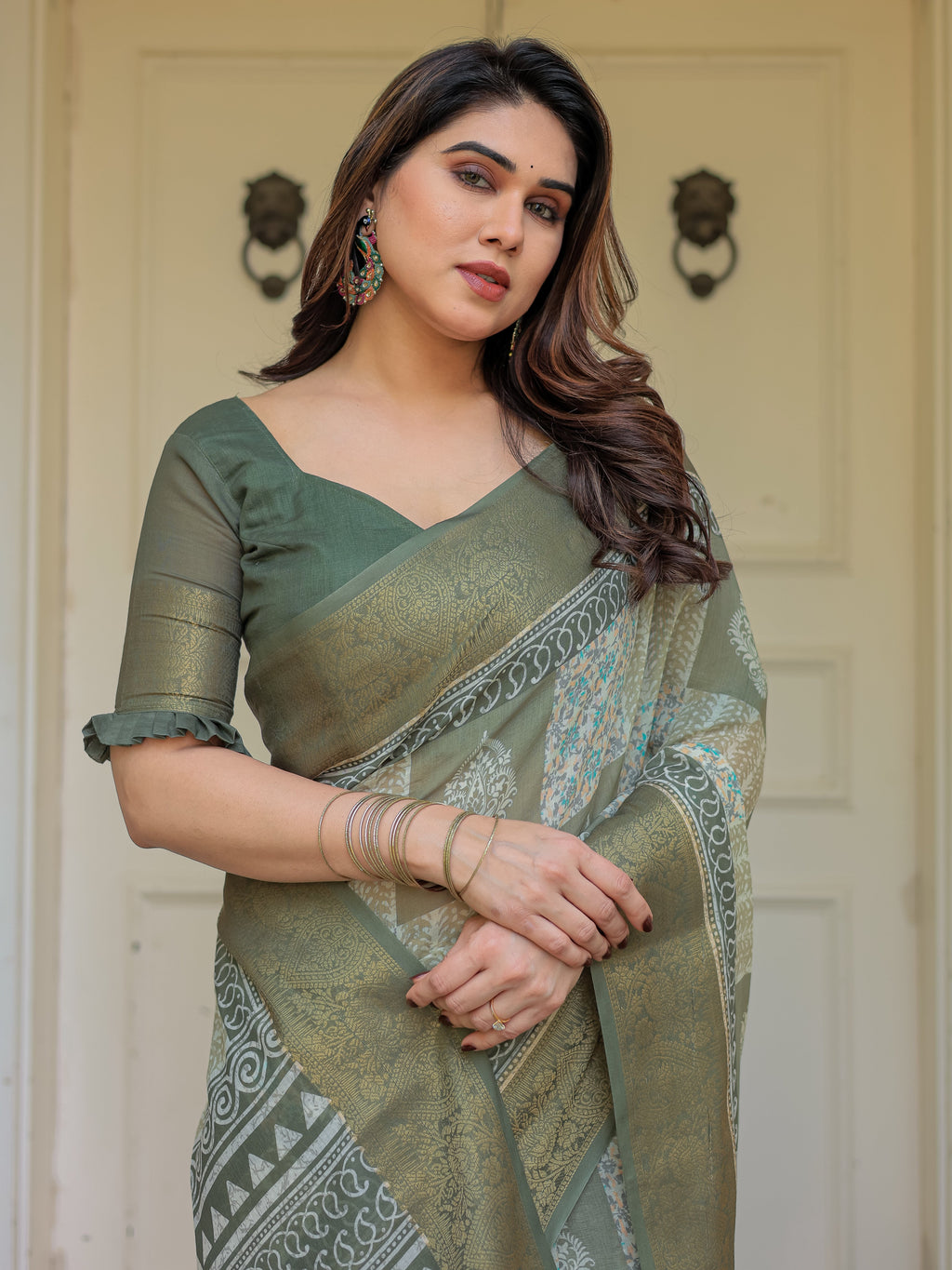 Sage Green Traditional Printed Handloom Cotton Saree with Rich Zari Border & Heritage Pallu