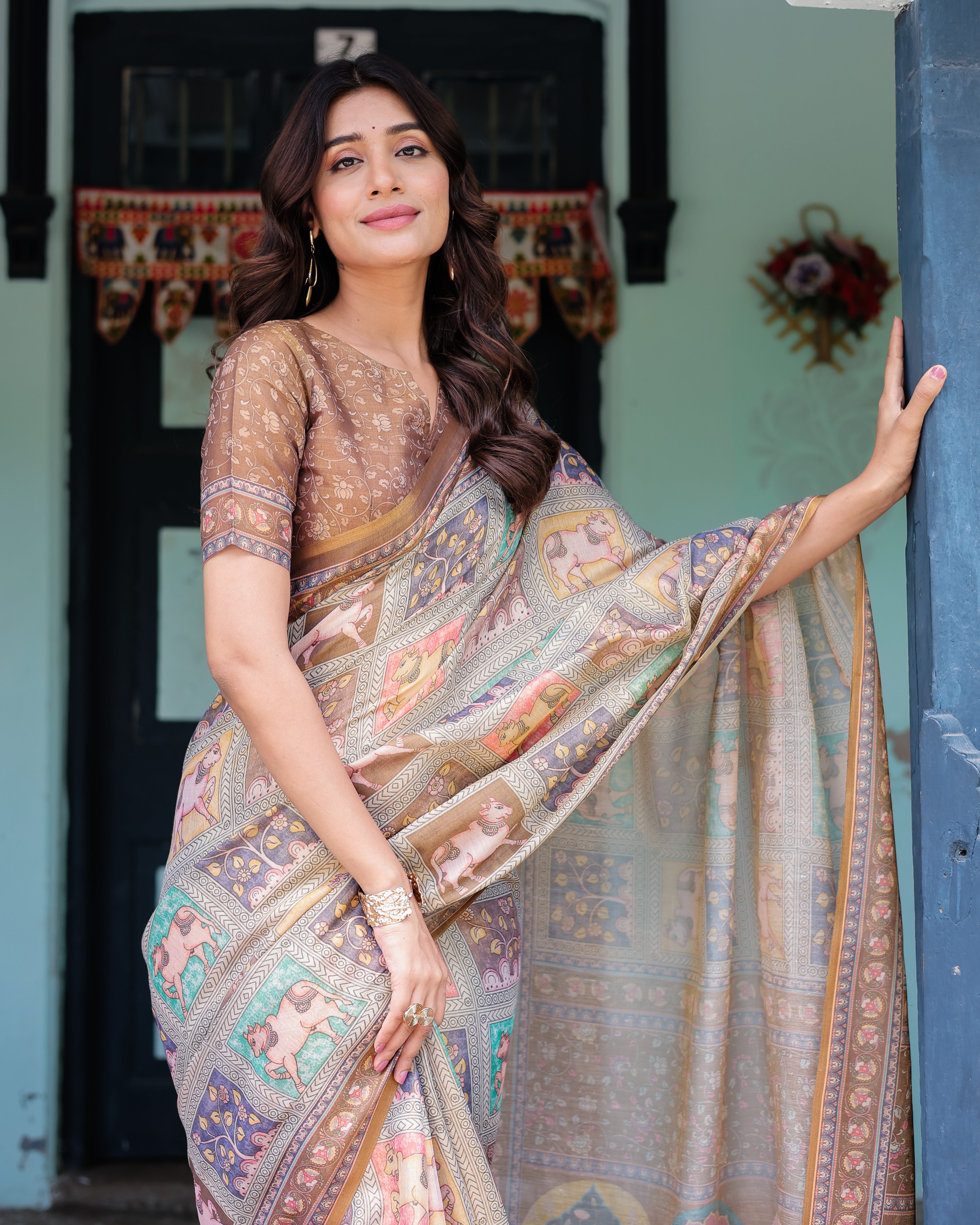 Coffee Brown Handloom Cotton Saree with Classical Art & Sacred Cow Pallu