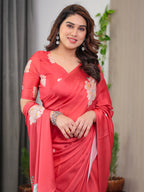 Coral Red Satin Georgette Floral Printed Saree with Attached Blouse – Elegant Designer Saree for Festive & Party Wear