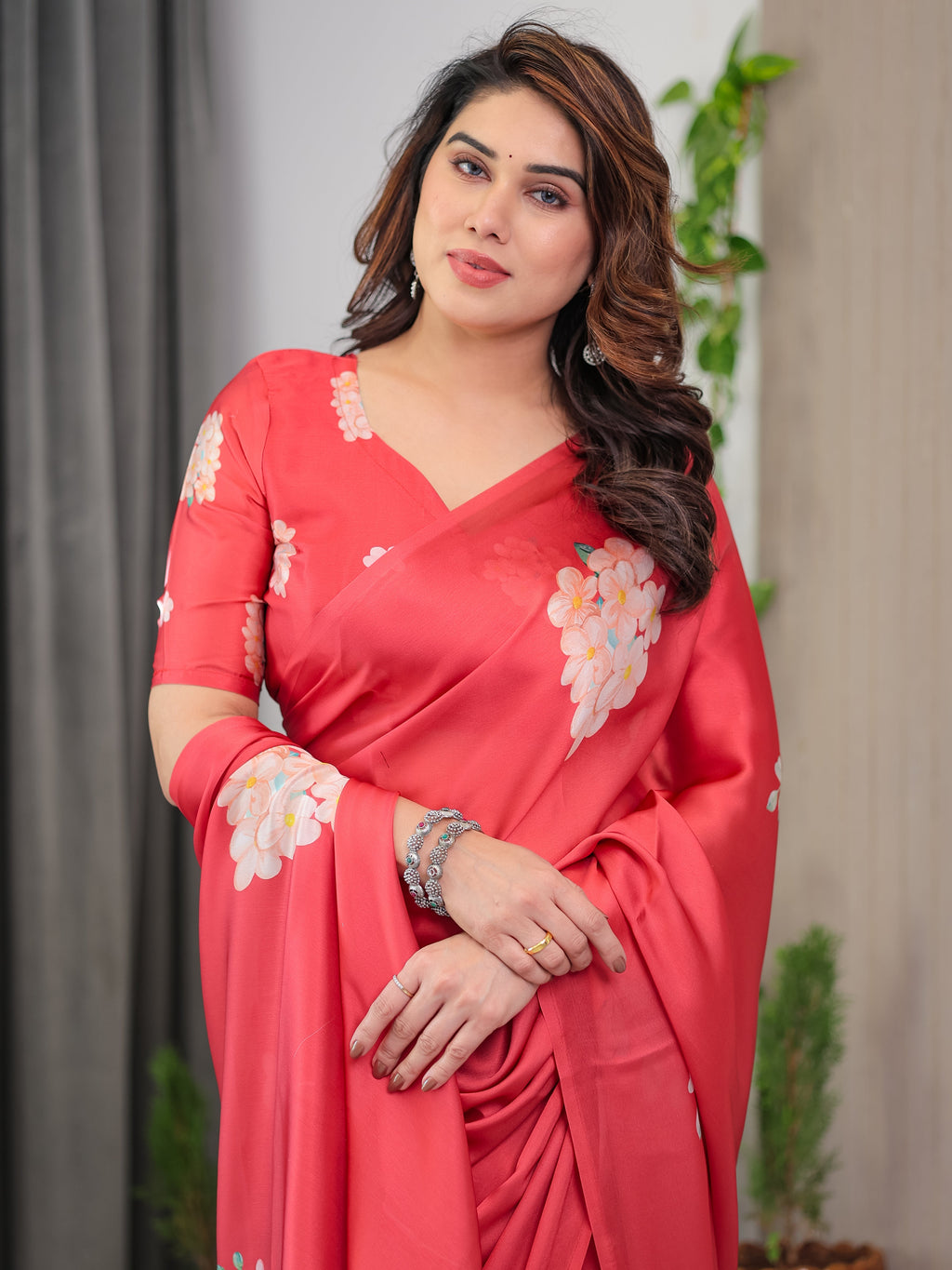 Coral Red Satin Georgette Floral Printed Saree with Attached Blouse – Elegant Designer Saree for Festive & Party Wear