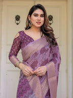 Wine Purple Handloom Cotton Floral Printed Saree with Zari Border & Tassels – Traditional Festive Wear