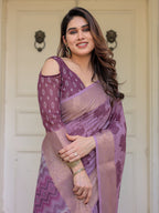 Wine Purple Handloom Cotton Floral Printed Saree with Zari Border & Tassels – Traditional Festive Wear
