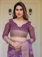 Wine Purple Handloom Cotton Floral Printed Saree with Zari Border & Tassels – Traditional Festive Wear