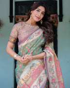 Green Lavender Handloom Cotton Saree with Floral Vines & Heritage Village Pallu