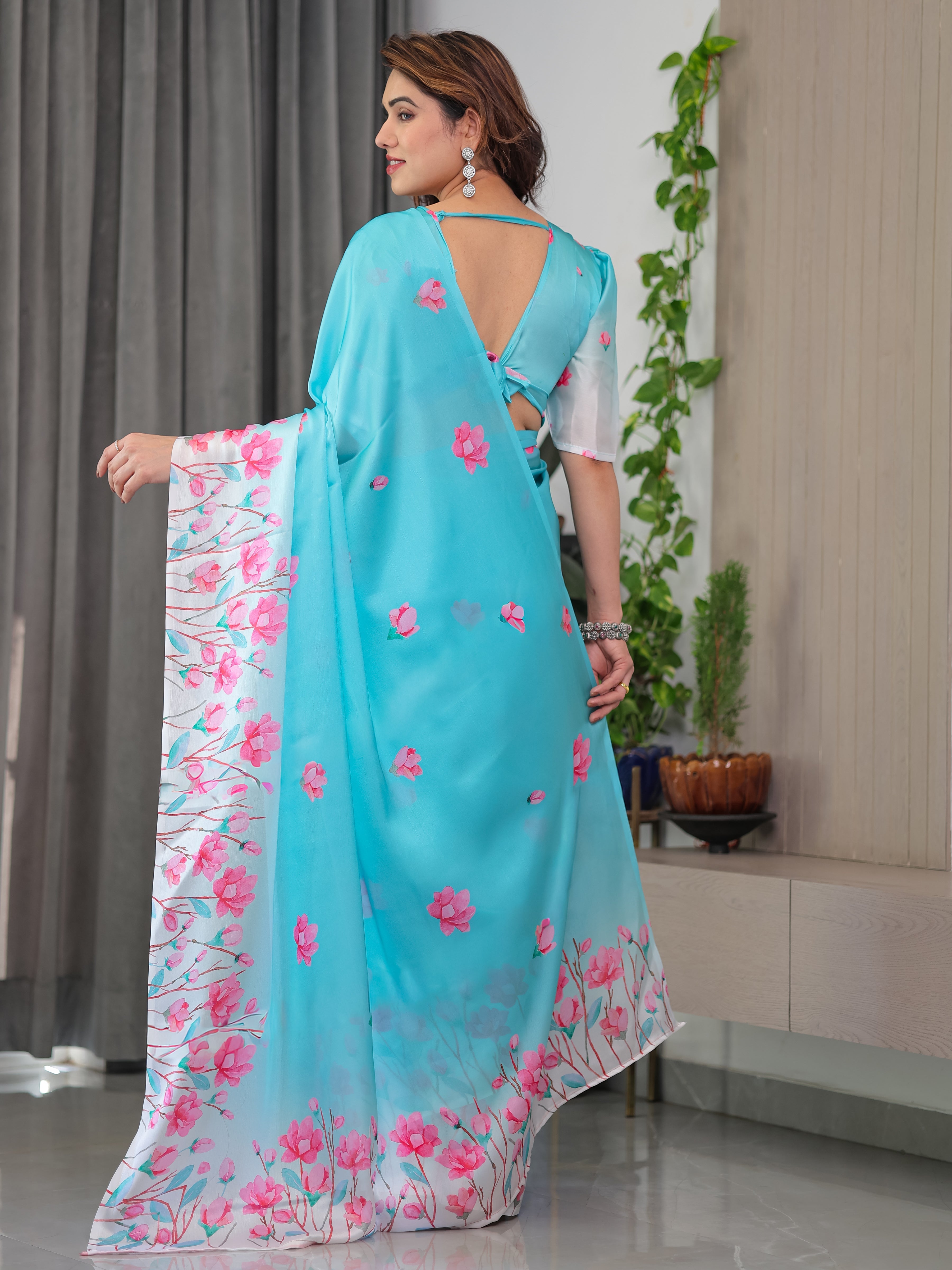 Aqua Blue Satin Georgette Pink Floral Printed Saree with Attached Blouse – Soft Pastel Designer Saree for Elegant & Festive Wear