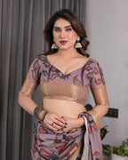 Dusty Mauve Saree with Madhubani Fish Motifs & Antique Zari Border | Cultural Art Digital Print | 5.5m Saree + 0.8m Blouse Piece