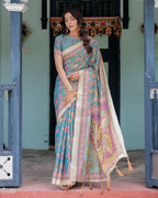 Aqua Blue Handloom Cotton Saree with Multicolor Floral Print & Royal Simha-Pakshi Pallu