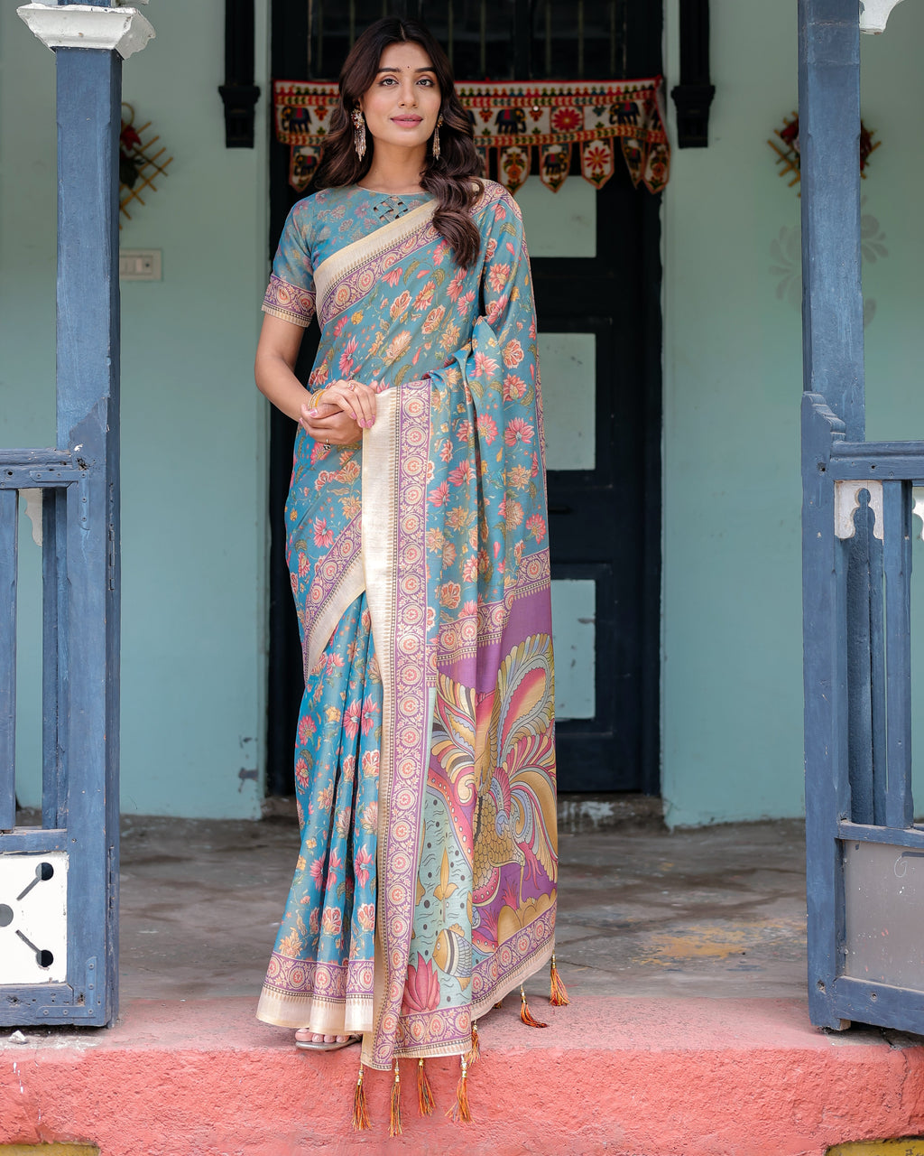 Aqua Blue Handloom Cotton Saree with Multicolor Floral Print & Royal Simha-Pakshi Pallu