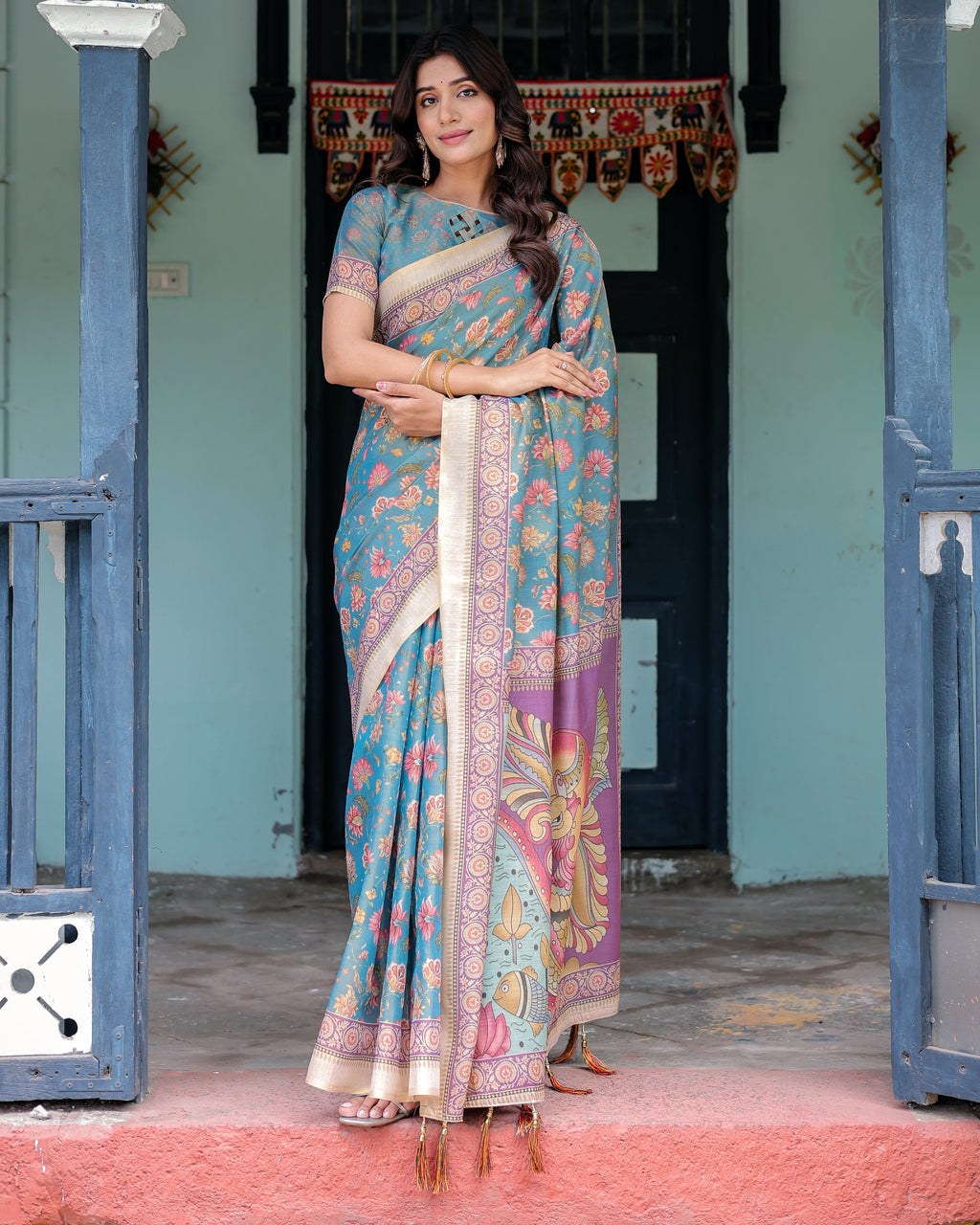 Aqua Blue Handloom Cotton Saree with Multicolor Floral Print & Royal Simha-Pakshi Pallu