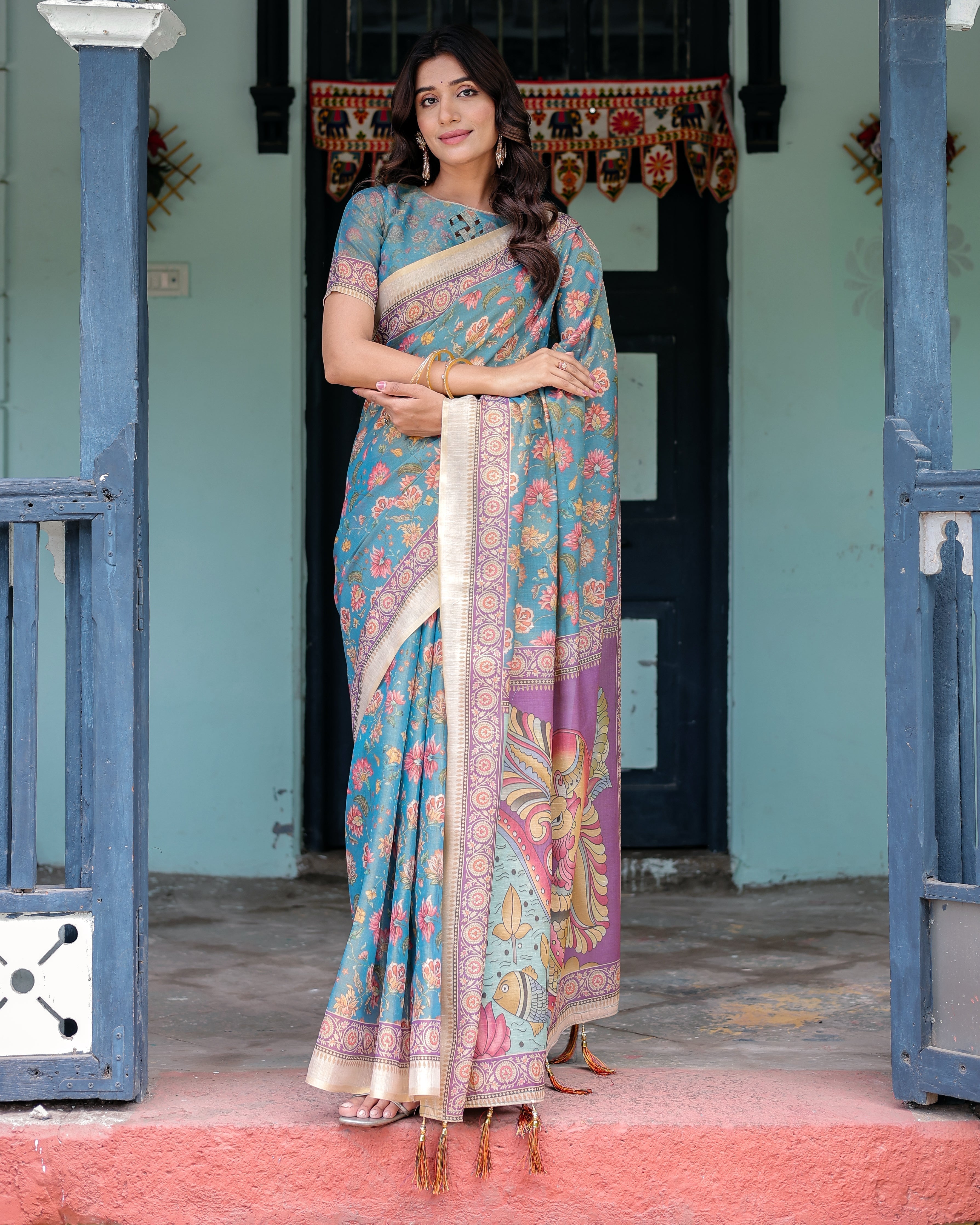 Aqua Blue Handloom Cotton Saree with Multicolor Floral Print & Royal Simha-Pakshi Pallu