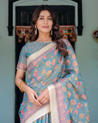 Aqua Blue Handloom Cotton Saree with Multicolor Floral Print & Royal Simha-Pakshi Pallu