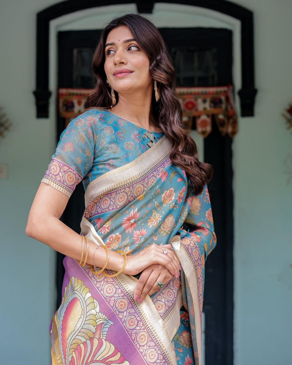 Aqua Blue Handloom Cotton Saree with Multicolor Floral Print & Royal Simha-Pakshi Pallu