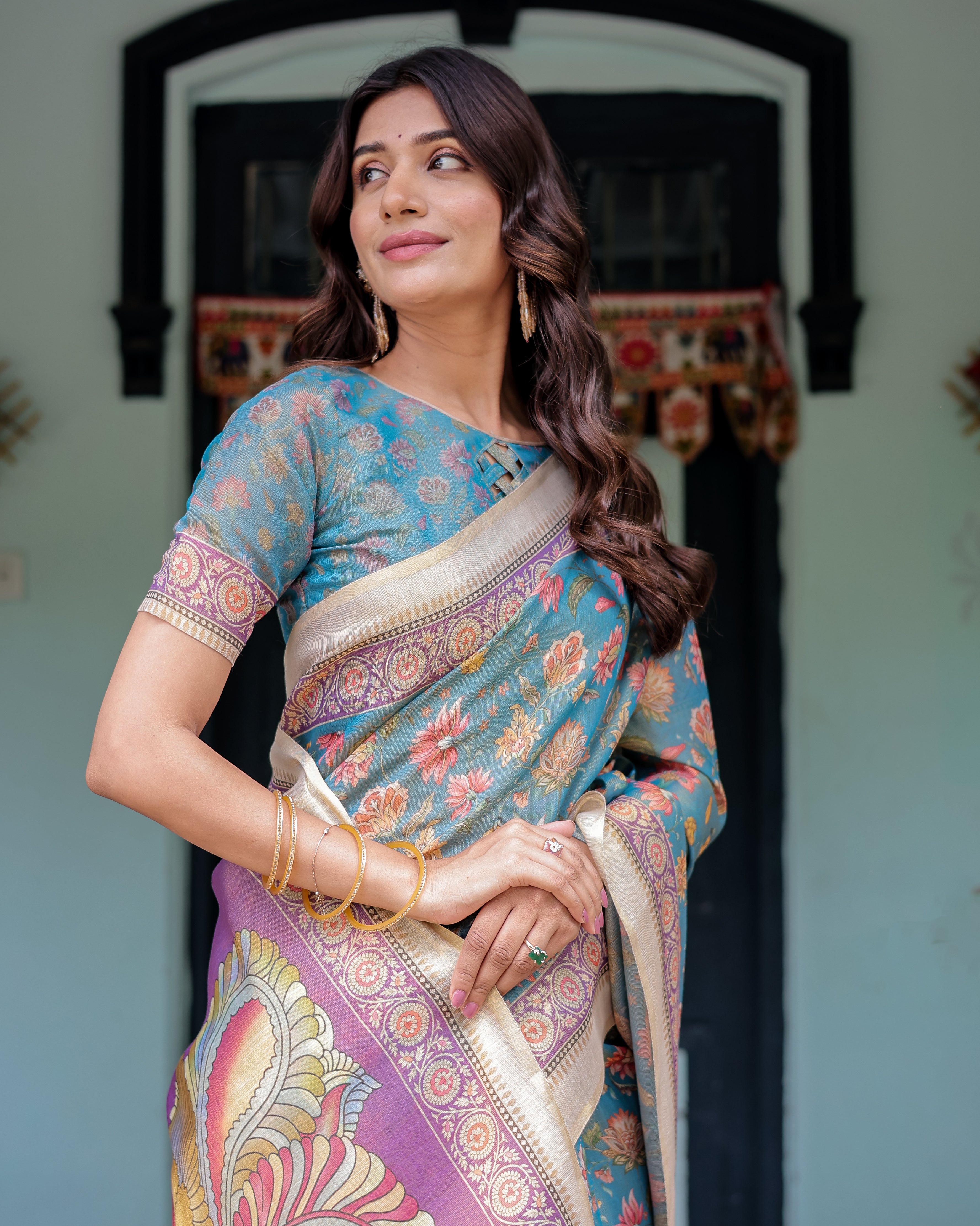 Aqua Blue Handloom Cotton Saree with Multicolor Floral Print & Royal Simha-Pakshi Pallu