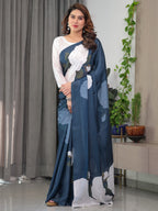Midnight Blue Satin Georgette White Rose Printed Saree with Attached Blouse – Elegant Designer Saree for Festive & Evening Wear