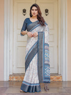 Steel Grey & Teal Handloom Cotton Printed Saree with Zari Border & Tassels – Classic Ethnic Wear