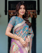 Aqua Blue Handloom Cotton Saree with Multicolor Floral Print & Royal Simha-Pakshi Pallu