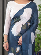 Midnight Blue Satin Georgette White Rose Printed Saree with Attached Blouse – Elegant Designer Saree for Festive & Evening Wear