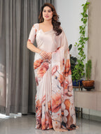 Ivory Beige Satin Georgette Abstract Floral Printed Saree with Attached Blouse – Elegant Designer Saree for Festive & Sophisticated Wear