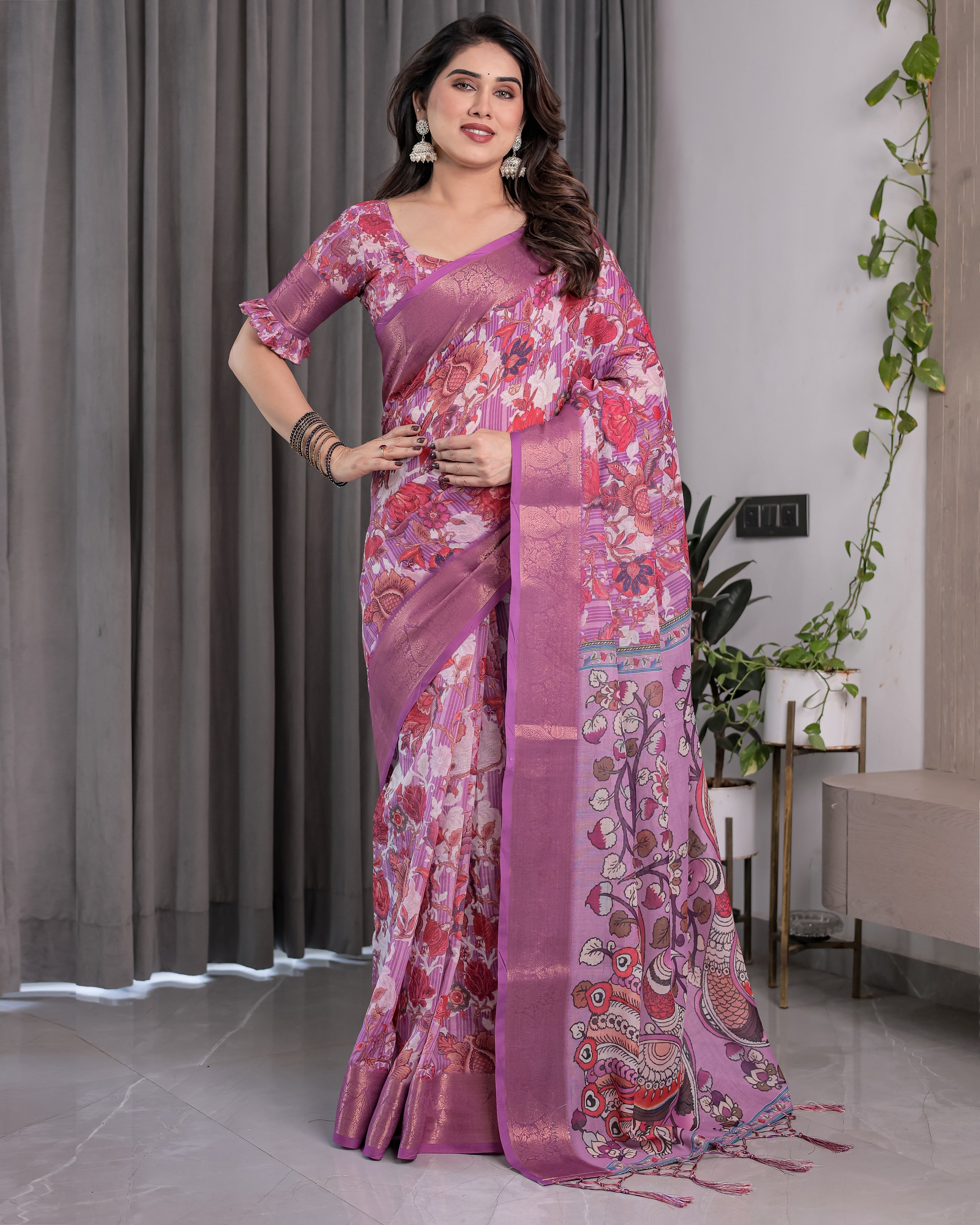 Lavender Pink Handloom Linen Saree with Royal Peacock & Floral Kalamkari Print | Zari Border | 5.5m Saree + 0.8m Blouse Piece