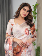 Ivory Beige Satin Georgette Abstract Floral Printed Saree with Attached Blouse – Elegant Designer Saree for Festive & Sophisticated Wear
