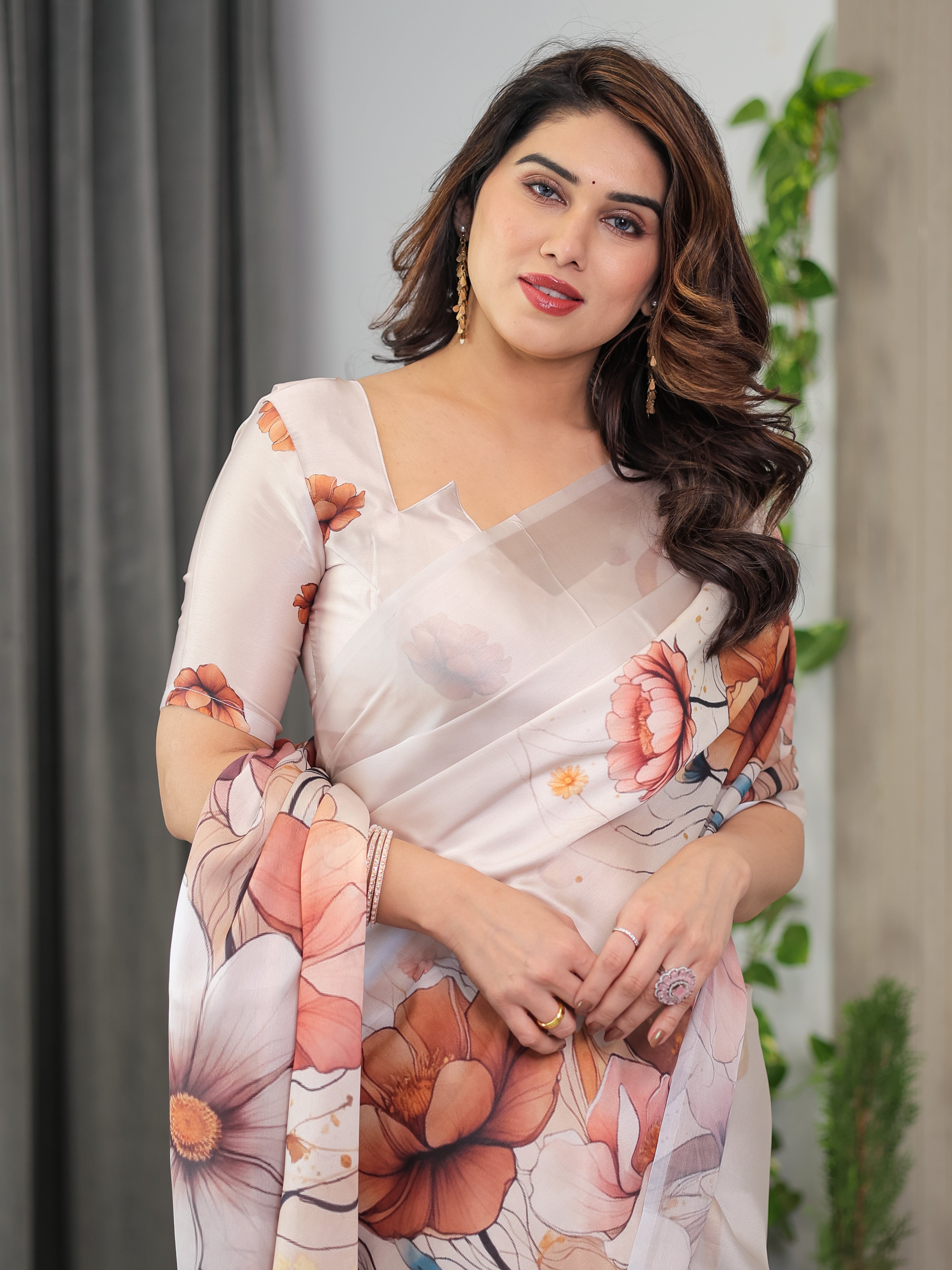 Ivory Beige Satin Georgette Abstract Floral Printed Saree with Attached Blouse – Elegant Designer Saree for Festive & Sophisticated Wear