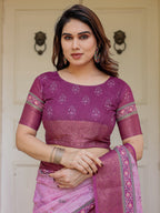 Rose Pink & Magenta Handloom Cotton Floral Printed Saree with Zari Border & Tassels – Traditional Ethnic Wear