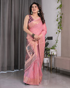 Peach Handloom Cotton Saree with Illustrated Story Panel Prints & Zari Border | Artistic Ethnic Wear | 5.5m Saree + 0.8m Blouse Piece
