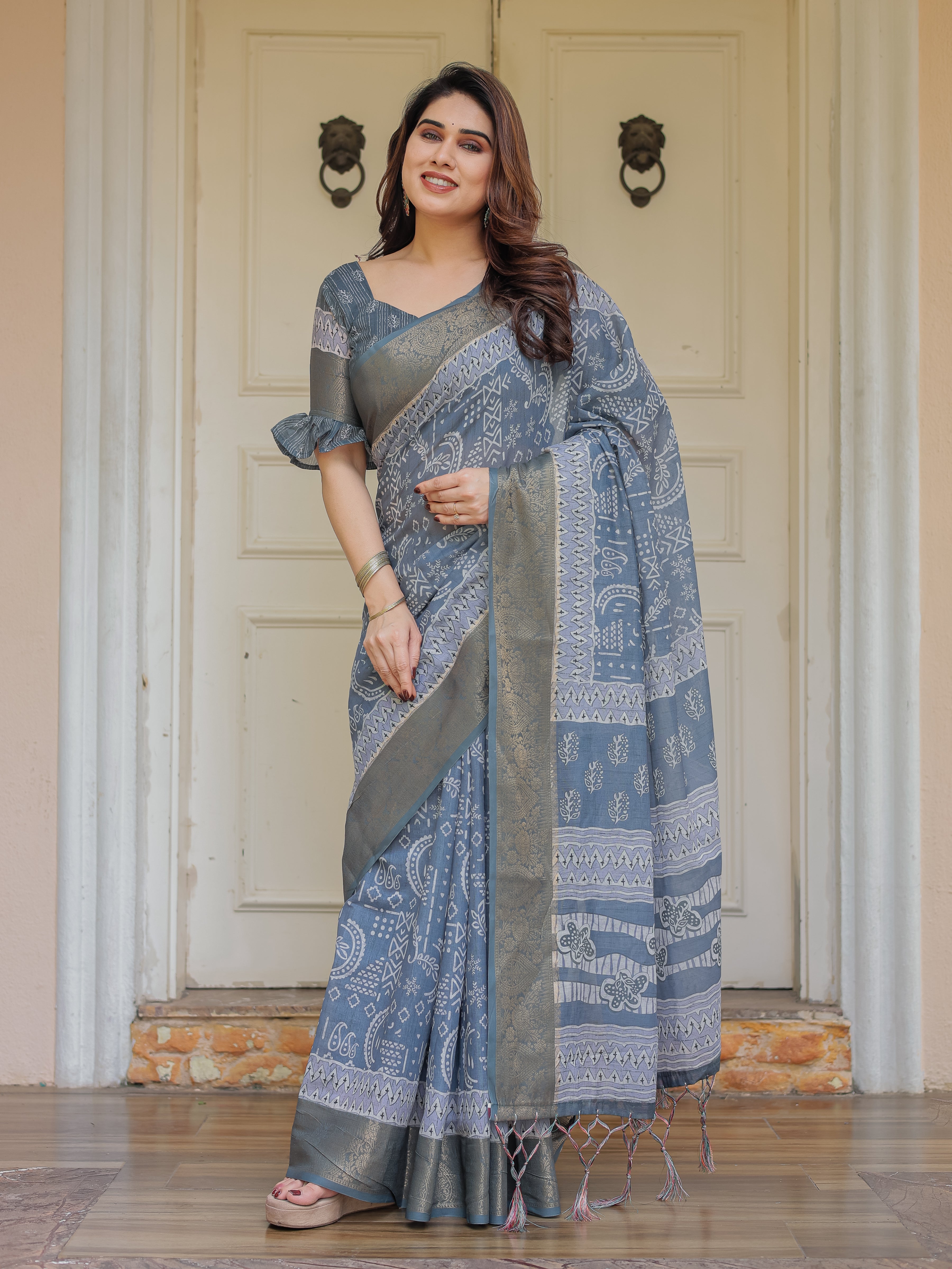 Slate Grey Handloom Cotton Ethnic Printed Saree with Zari Border & Tassels – Classic Traditional Wear