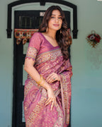 Plum Rose Handloom Cotton Saree with Floral Buttas & Traditional Peacock Medallion Pallu
